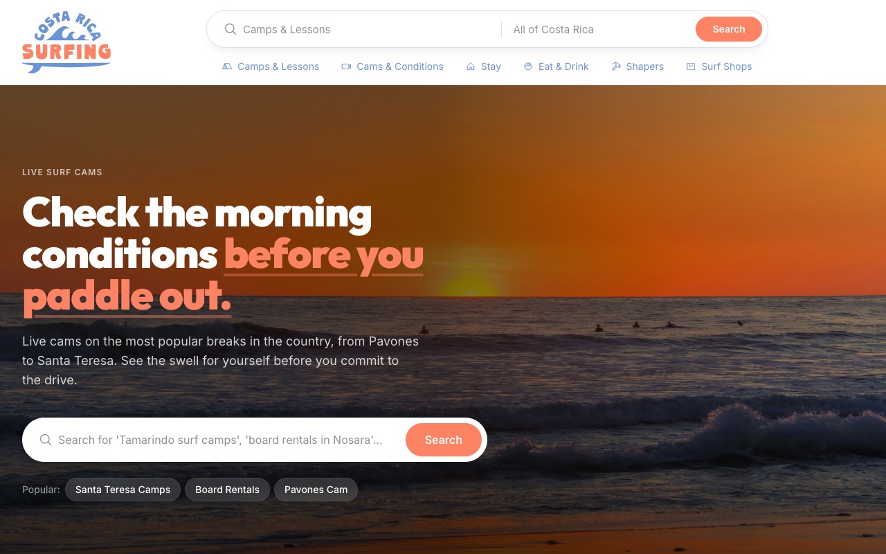 The Costa Rica Surfing Guide home page: a sunset surf photo behind the headline “Check the morning conditions before you paddle out.”